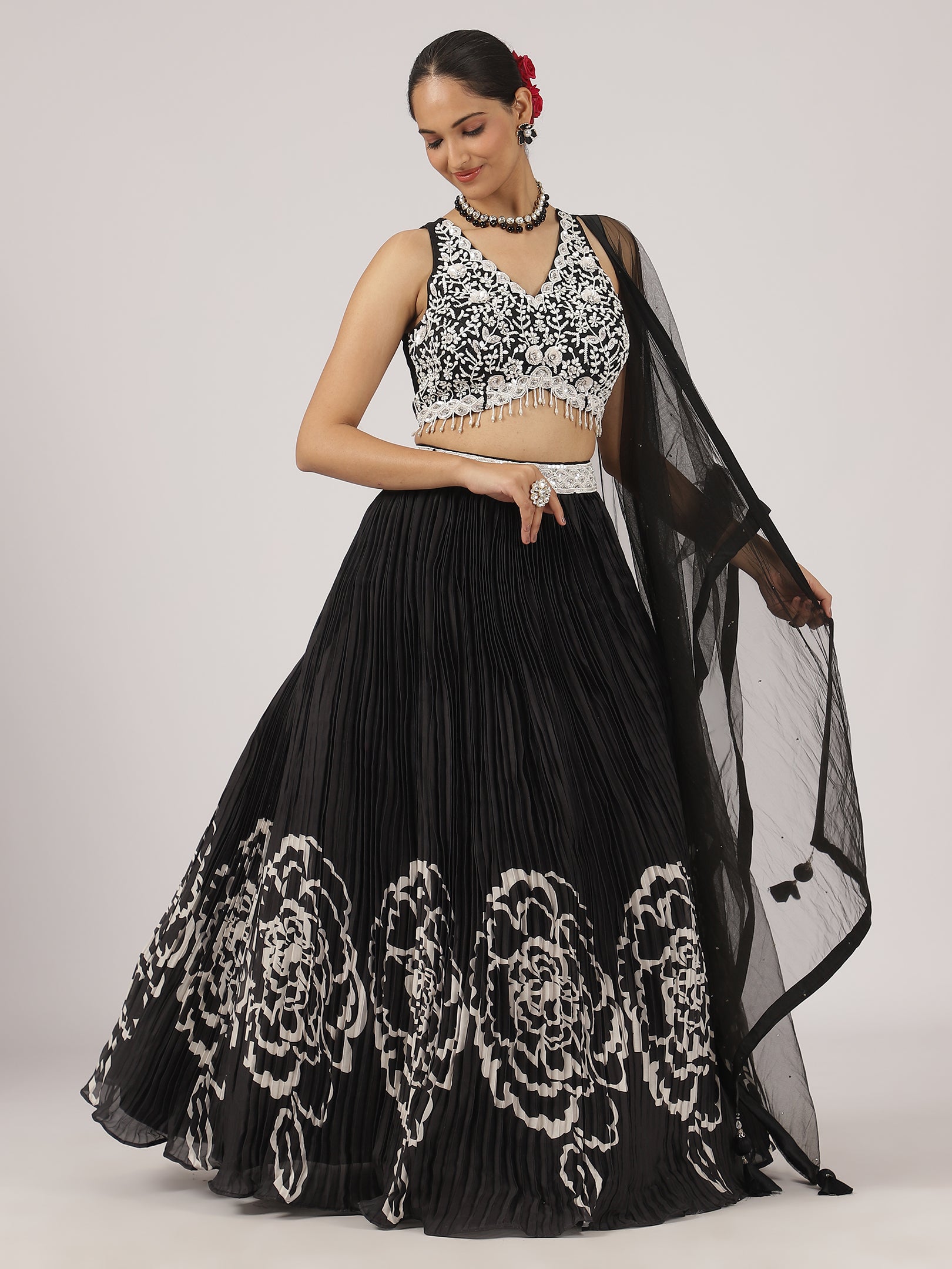 Black & White Satin Pleated Lehenga with Beaded Embroidered Blouse & Netted Dupatta