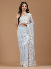 Serene Sky Blue Embroidered Net Saree with Contrasting Blouse