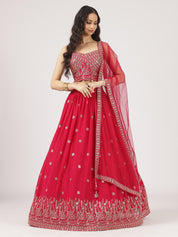 Radiant Red Embroidered Lehenga Set with Mirror Work Blouse & Sheer Dupatta