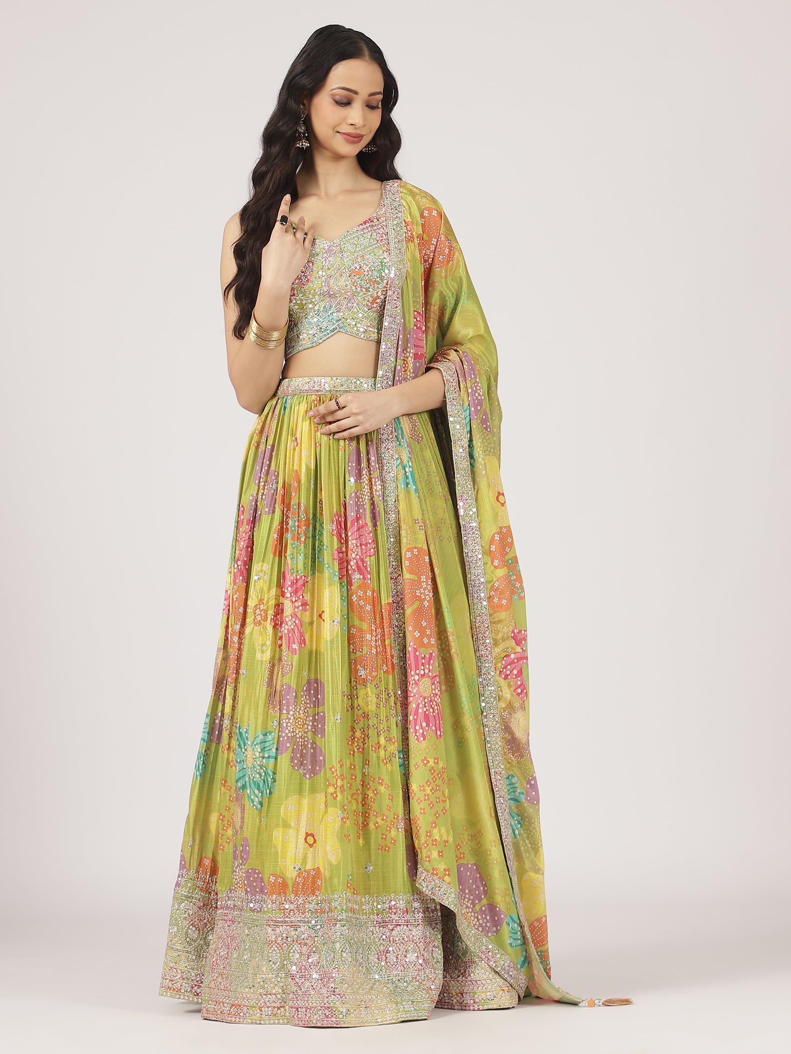 Lime Green Printed Organza Lehenga with Sequin & Mirror Work Blouse