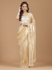 Elegant Champagne Gold Satin Silk Saree with Pearl Embroidery