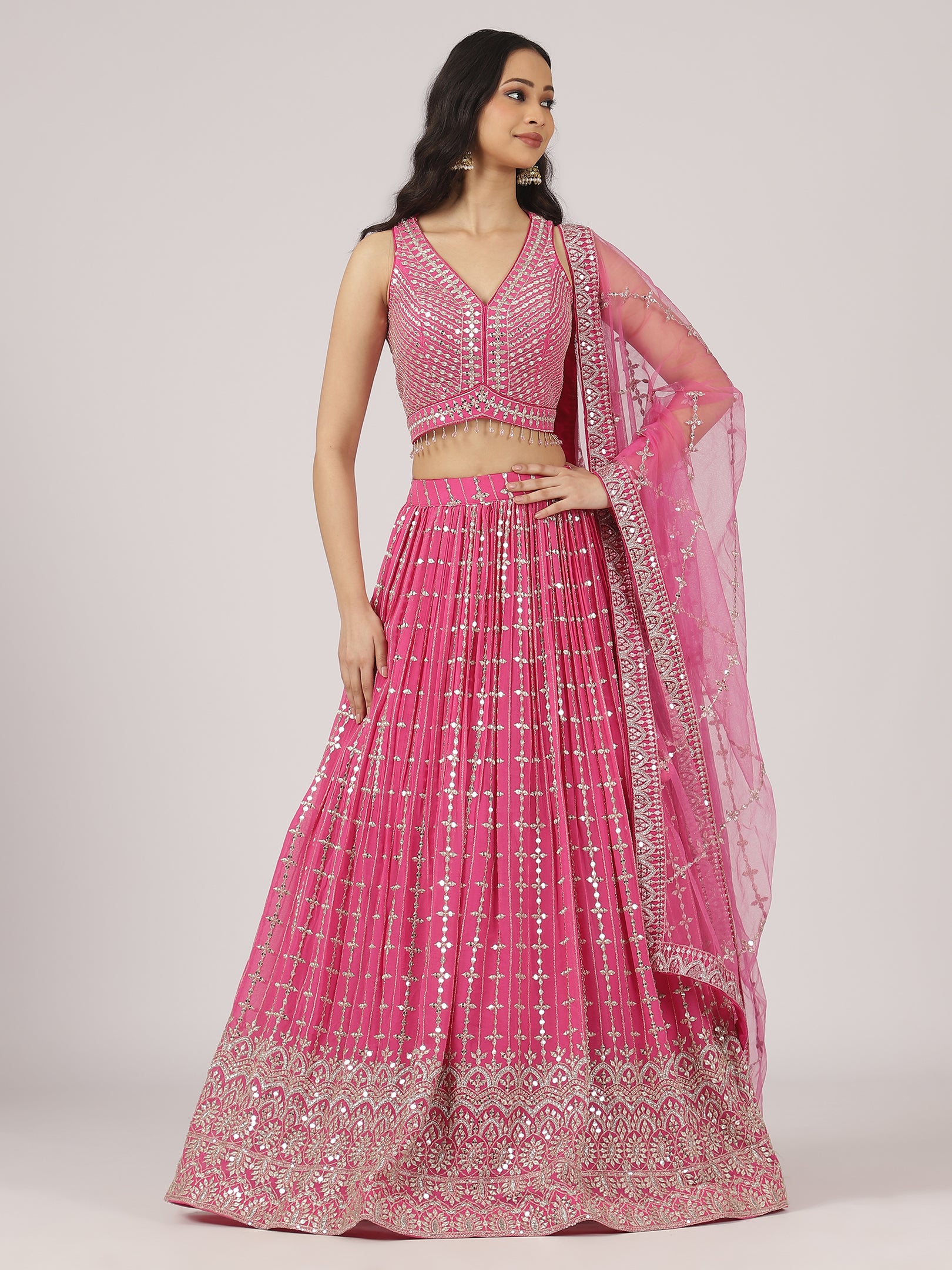 Fuchsia Pink Mirror Work Lehenga with Embroidered Blouse & Dupatta