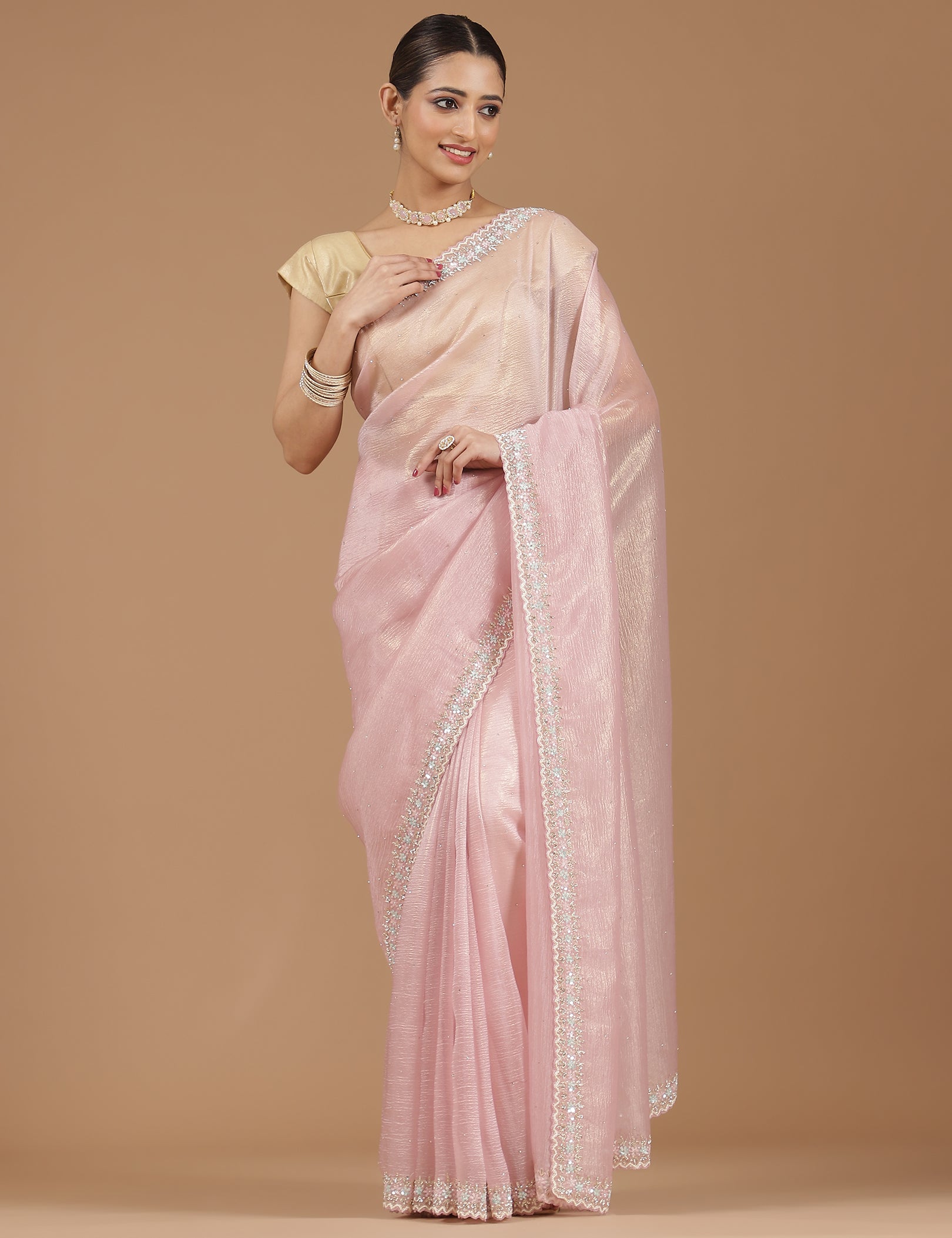 Net Saree with Delicate Floral Embroidery & Scalloped Border