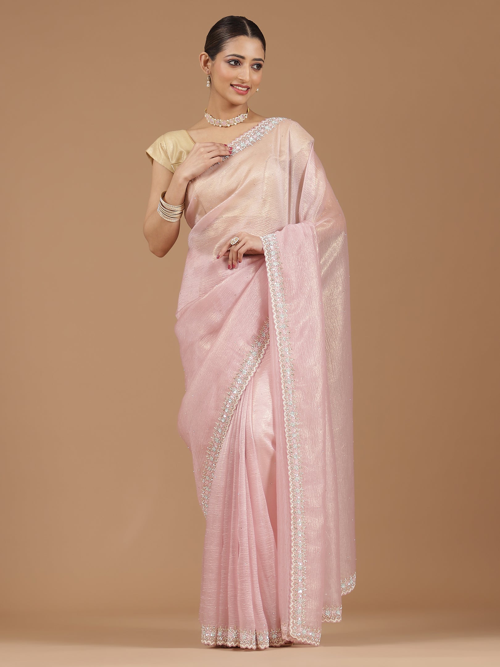 Net Saree with Delicate Floral Embroidery & Scalloped Border