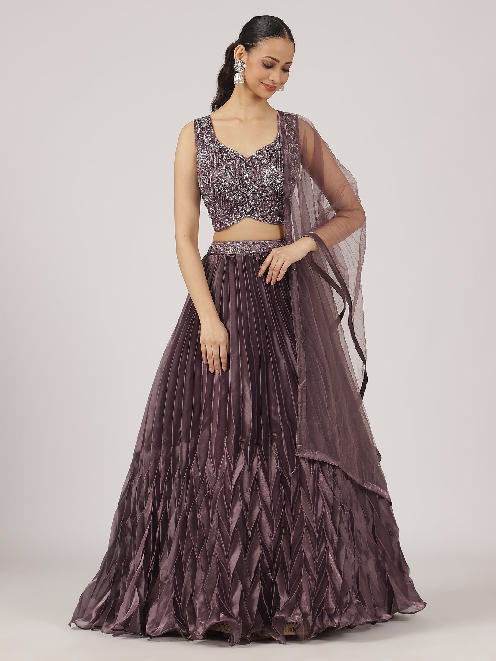 Plum Purple Organza Pleated Lehenga with Hand Embroidered Blouse