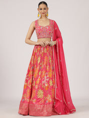 Vibrant Multi-Pink Satin Silk Lehenga with Embroidered Blouse