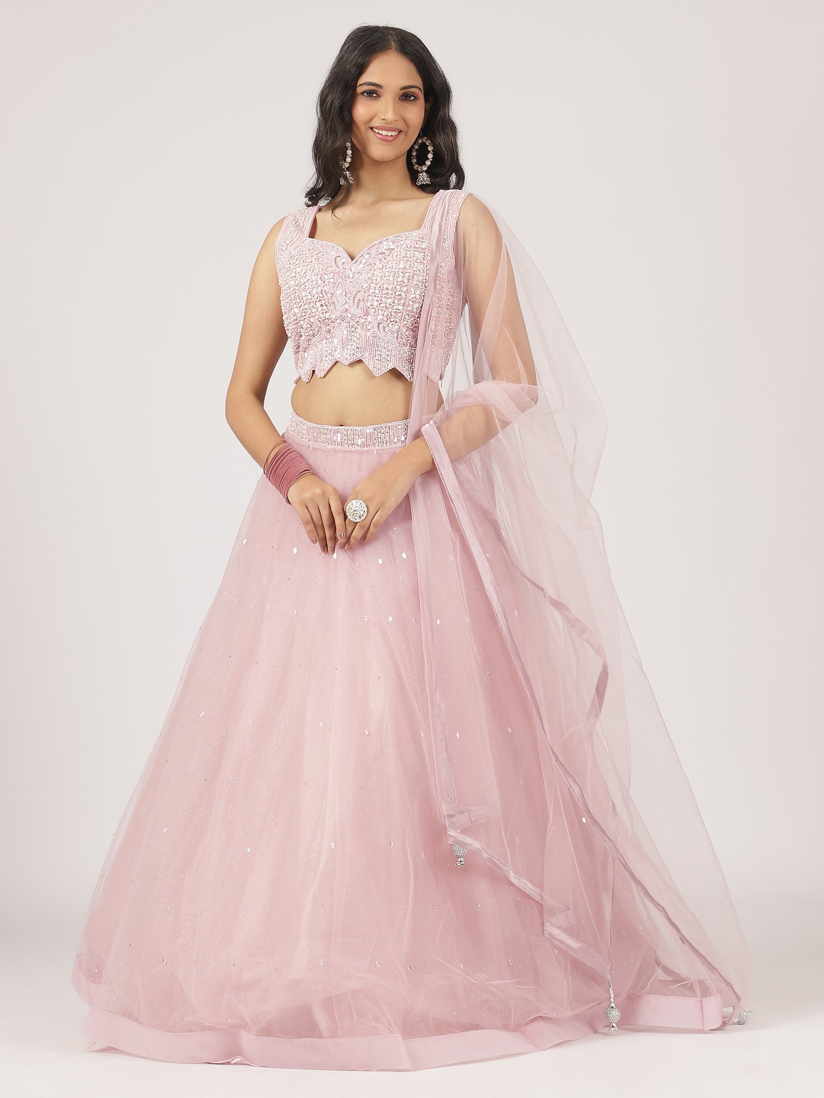 Blush Pink Net Lehenga with Sequin Embroidery & Designer Blouse