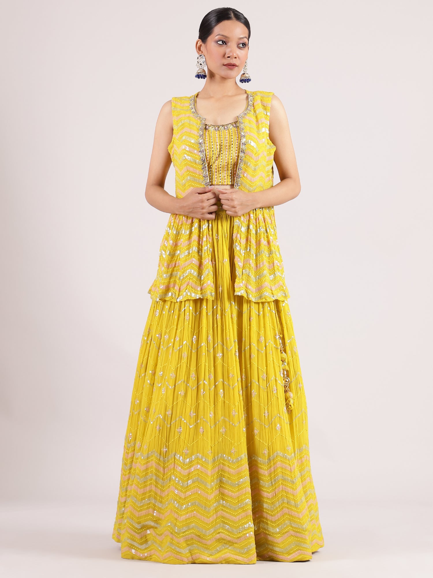 Vibrant Neon Yellow Georgette Lehenga with Sequin Embroidered Spaghetti Blouse