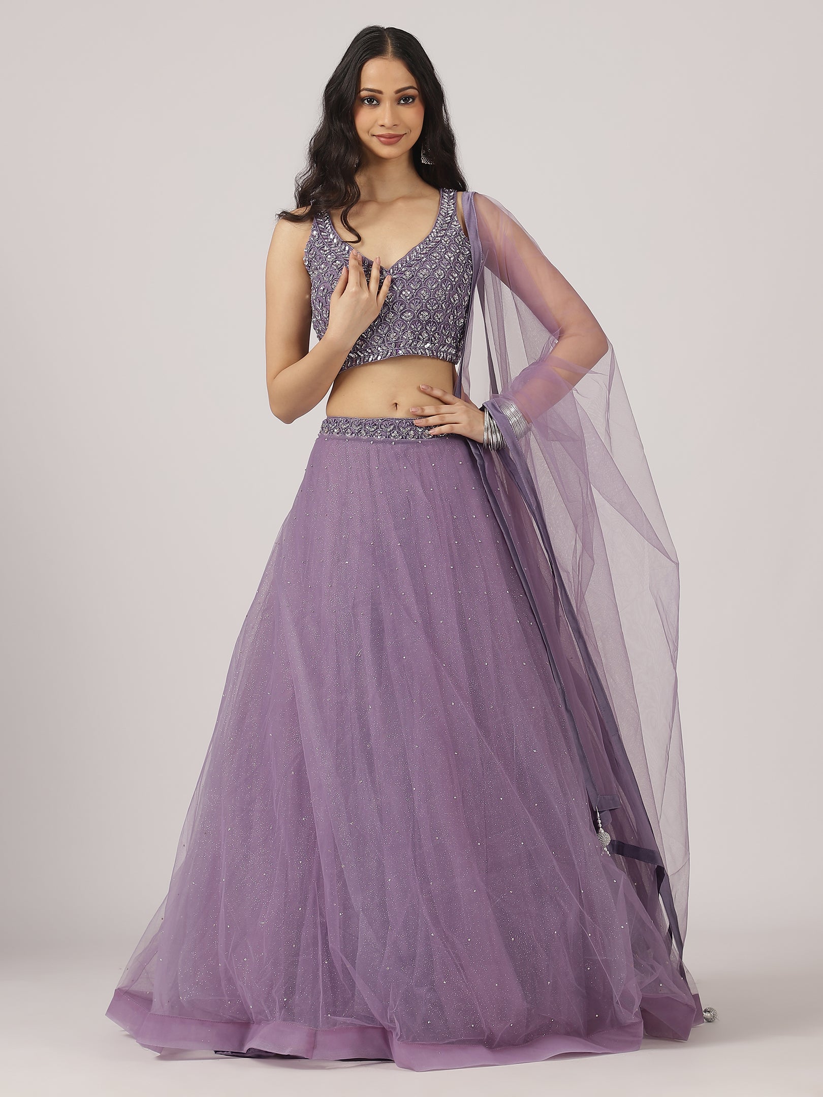 Lavender Net Lehenga with Intricate Sequin & Embroidery Work