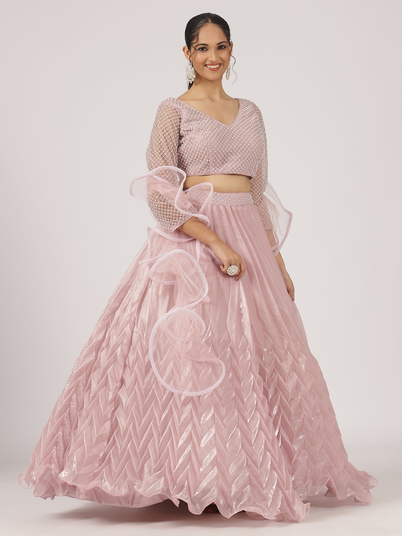 Pastel Pink Organza Pleated Lehenga with Pearl Work Blouse & Ruffled Dupatta