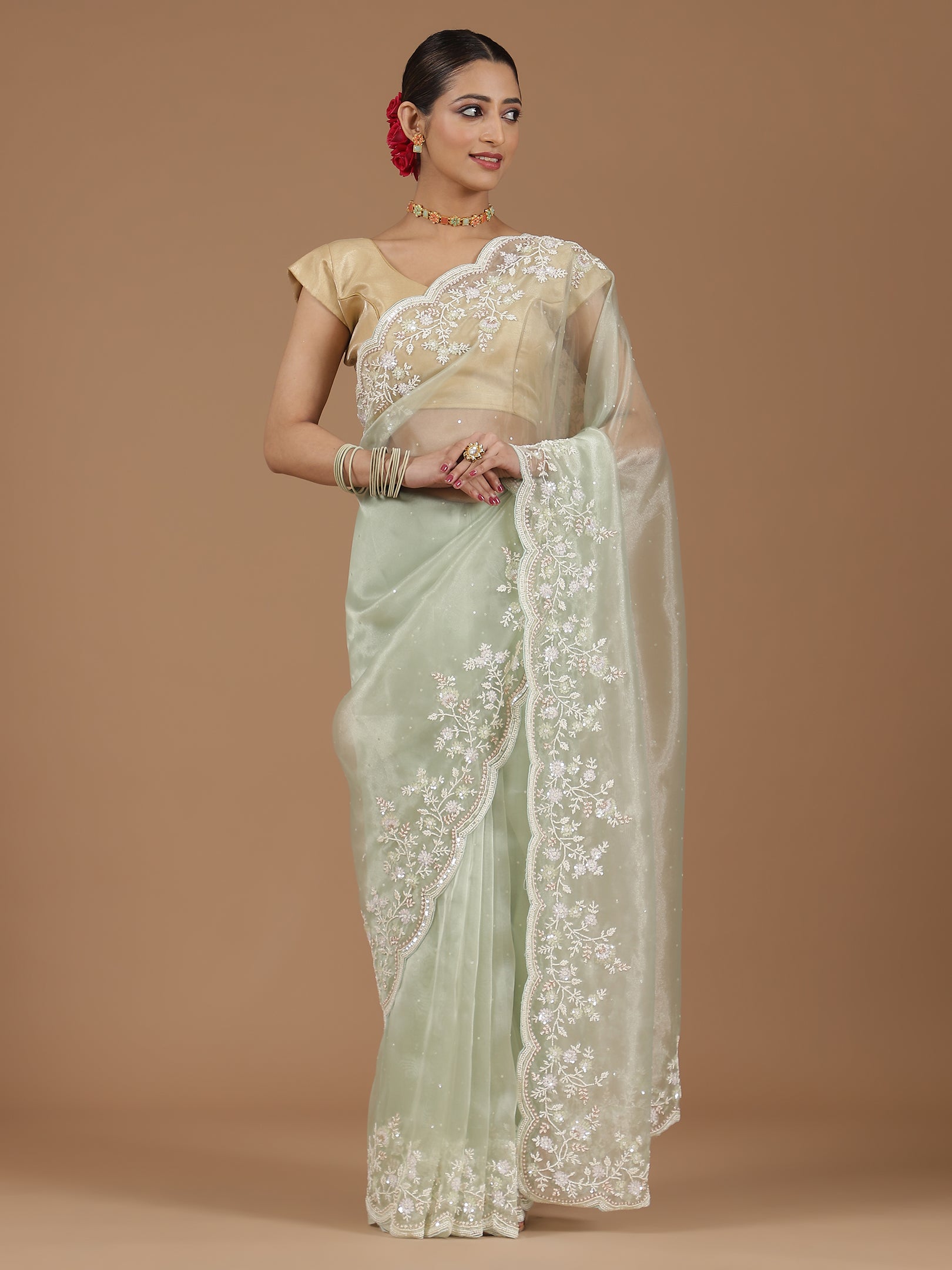 Net Saree with Delicate Floral Embroidery & Scalloped Border