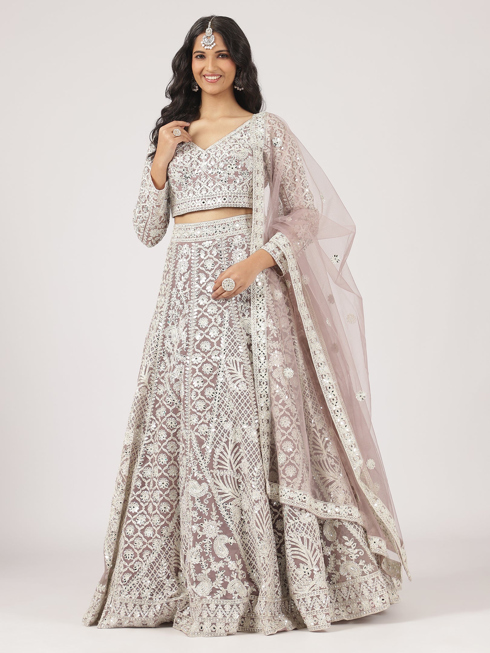 Cream Net Mirror Work Lehenga with Intricate Embroidery