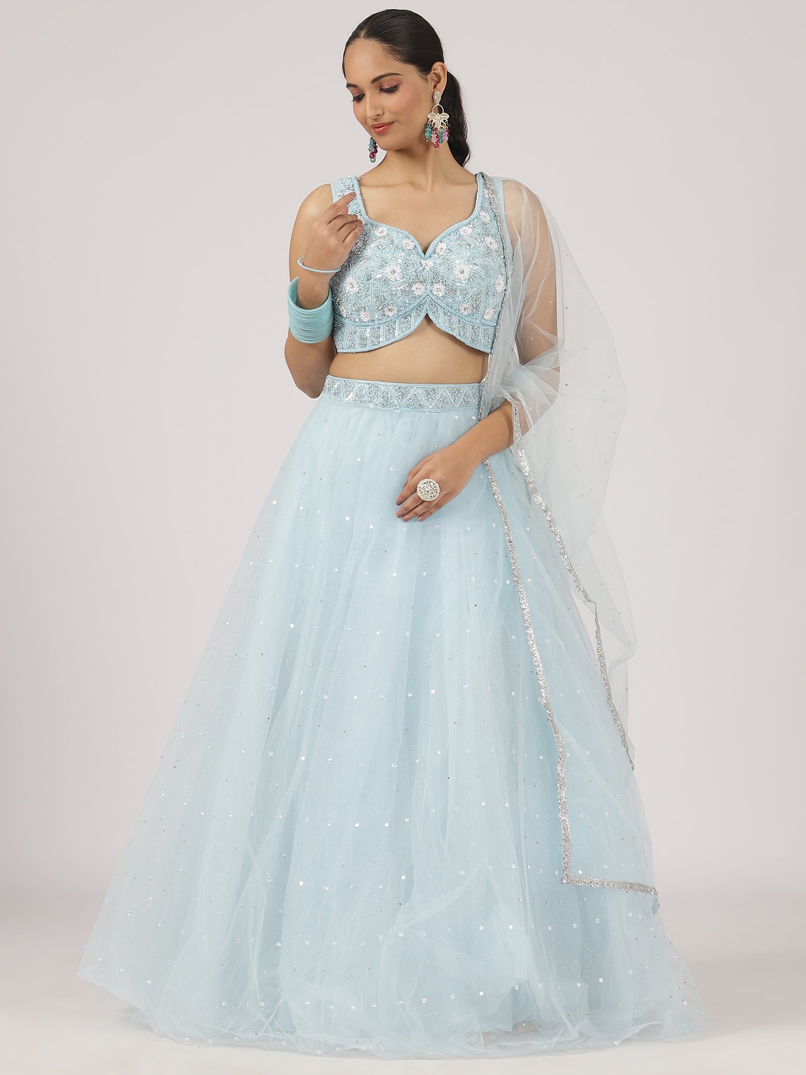 Sky Blue Embroidered Net Lehenga with Sequins & Mirror Work