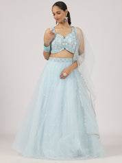 Sky Blue Embroidered Net Lehenga with Sequins & Mirror Work