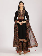 Black Floral Printed Straight Kurta with Palazzo Set