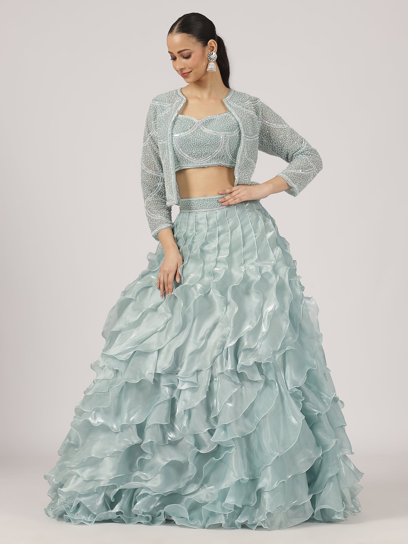 Sea Blue Organza Ruffled Lehenga with Pearl Work Blouse & Overcoat