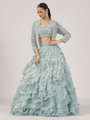 Sea Blue Organza Ruffled Lehenga with Pearl Work Blouse & Overcoat