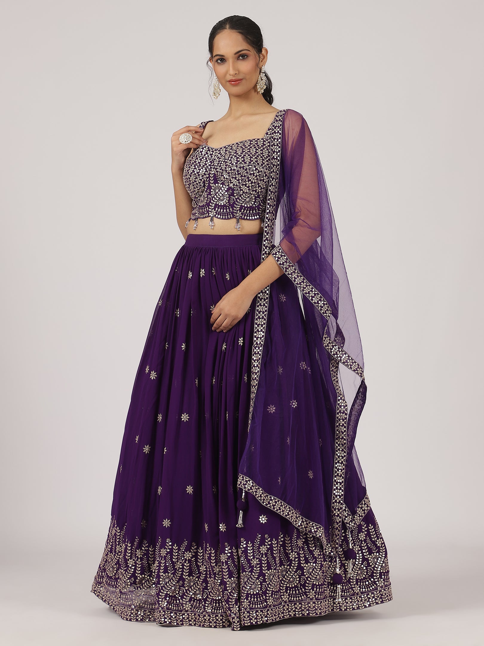 Royal Purple Embroidered Lehenga Set with Mirror Work Blouse & Net Dupatta