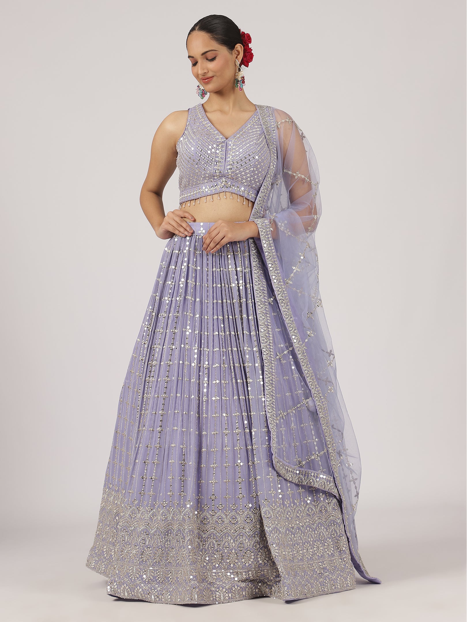 Lavender Mirror Work Lehenga with Embroidered Blouse & Sheer Dupatta