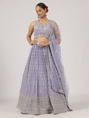 Lavender Mirror Work Lehenga with Embroidered Blouse & Sheer Dupatta