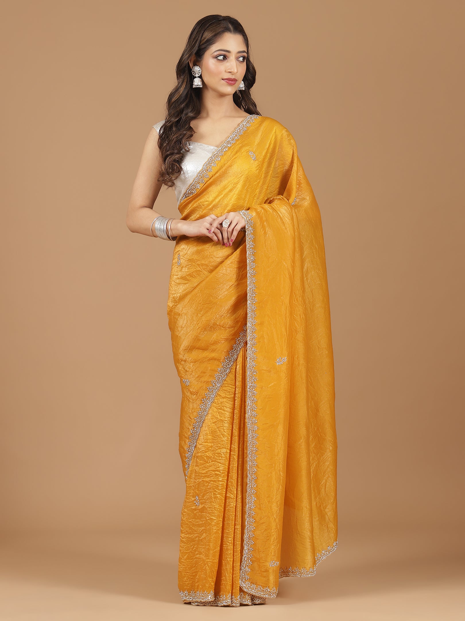 Crushed Silk Saree with Embroidered Border