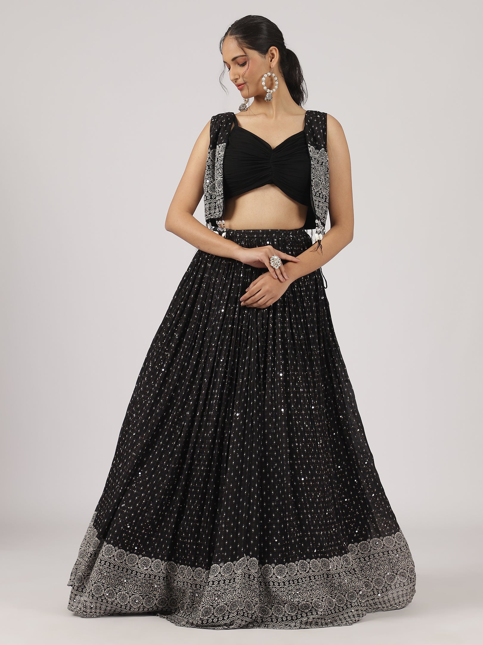 Jet Black Mirror Work Lehenga with Embroidered Jacket