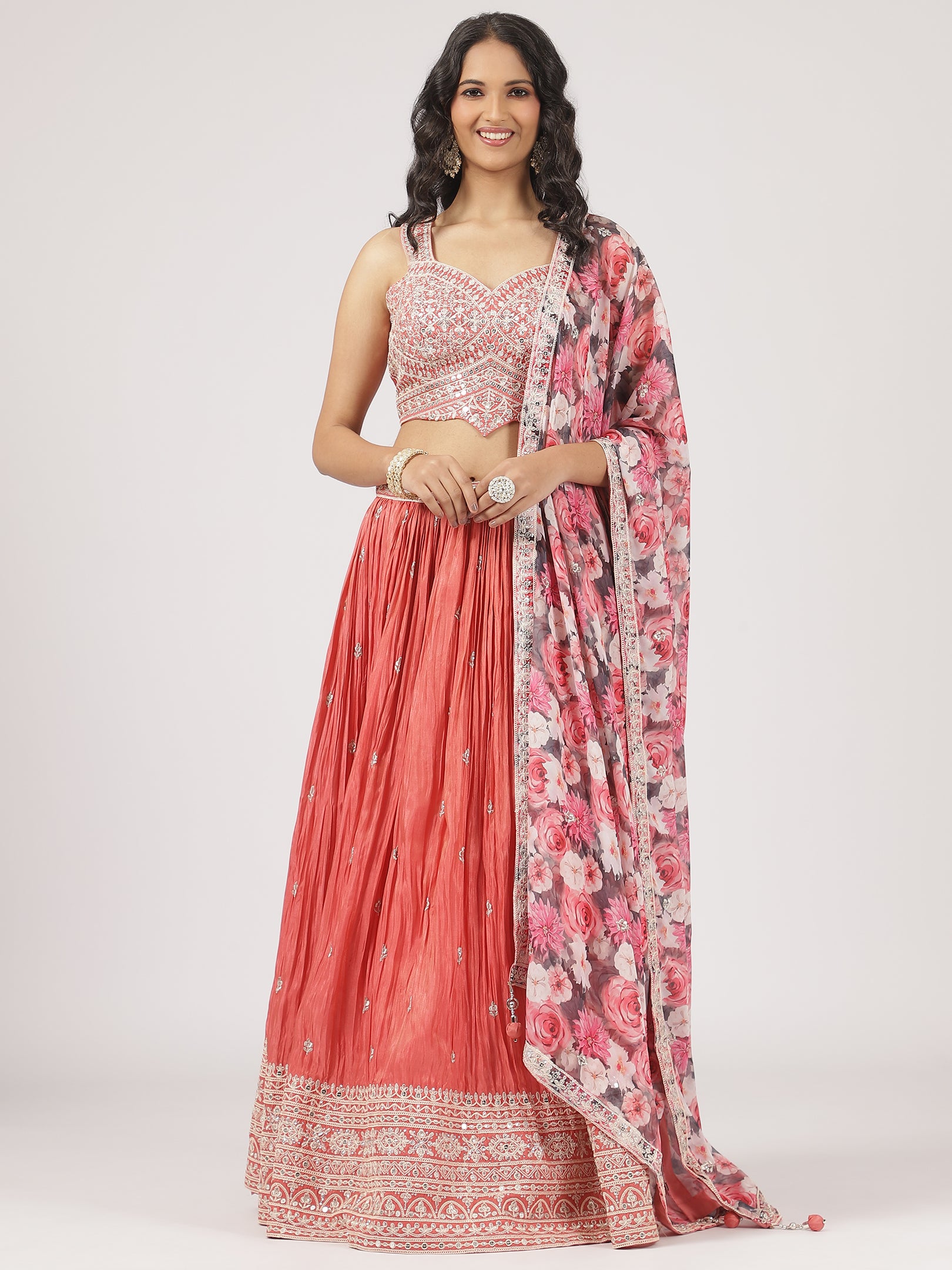 Elegant Peach Raw Silk Lehenga with Sequin Embroidered Blouse