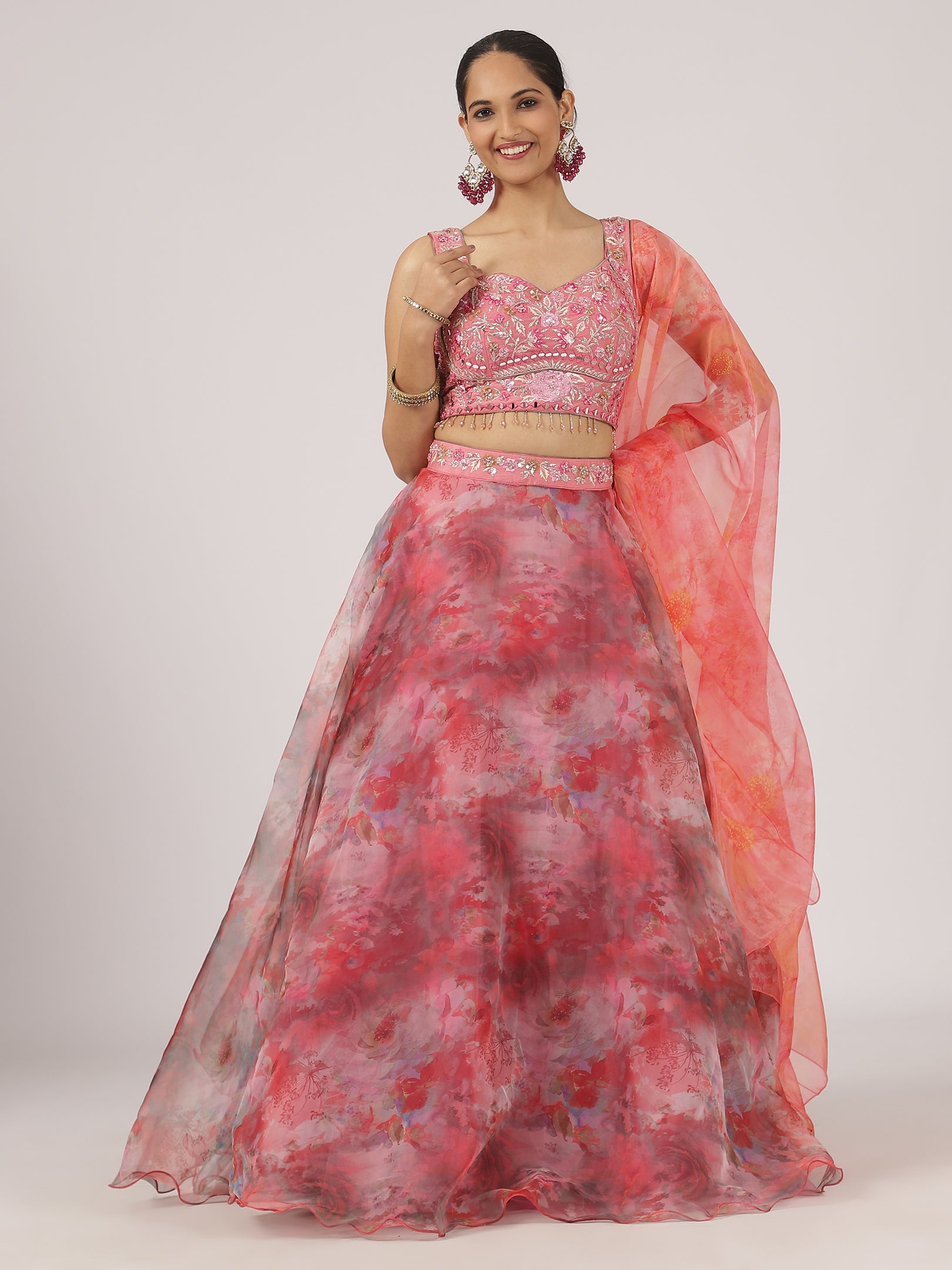 Blush Pink Floral Organza Lehenga with Embroidered Blouse