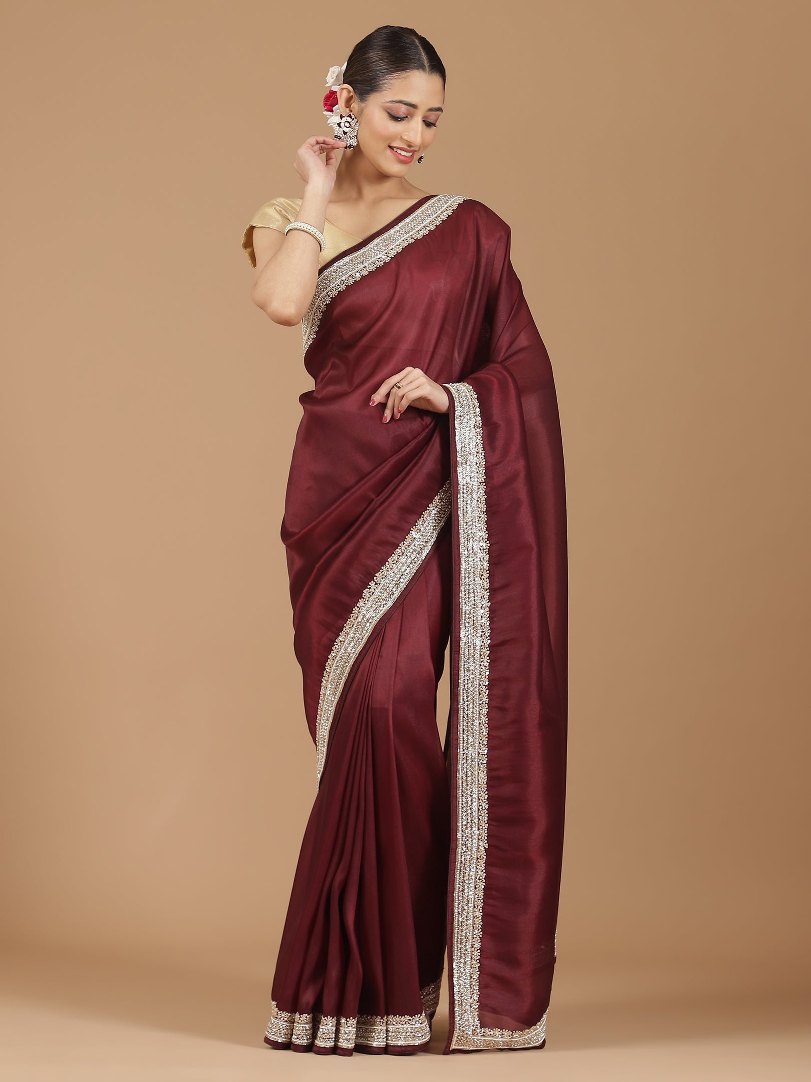 Satin Silk Saree with Delicate Stonework Border