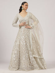 Cream Net Mirror Work Lehenga with Intricate Embroidery