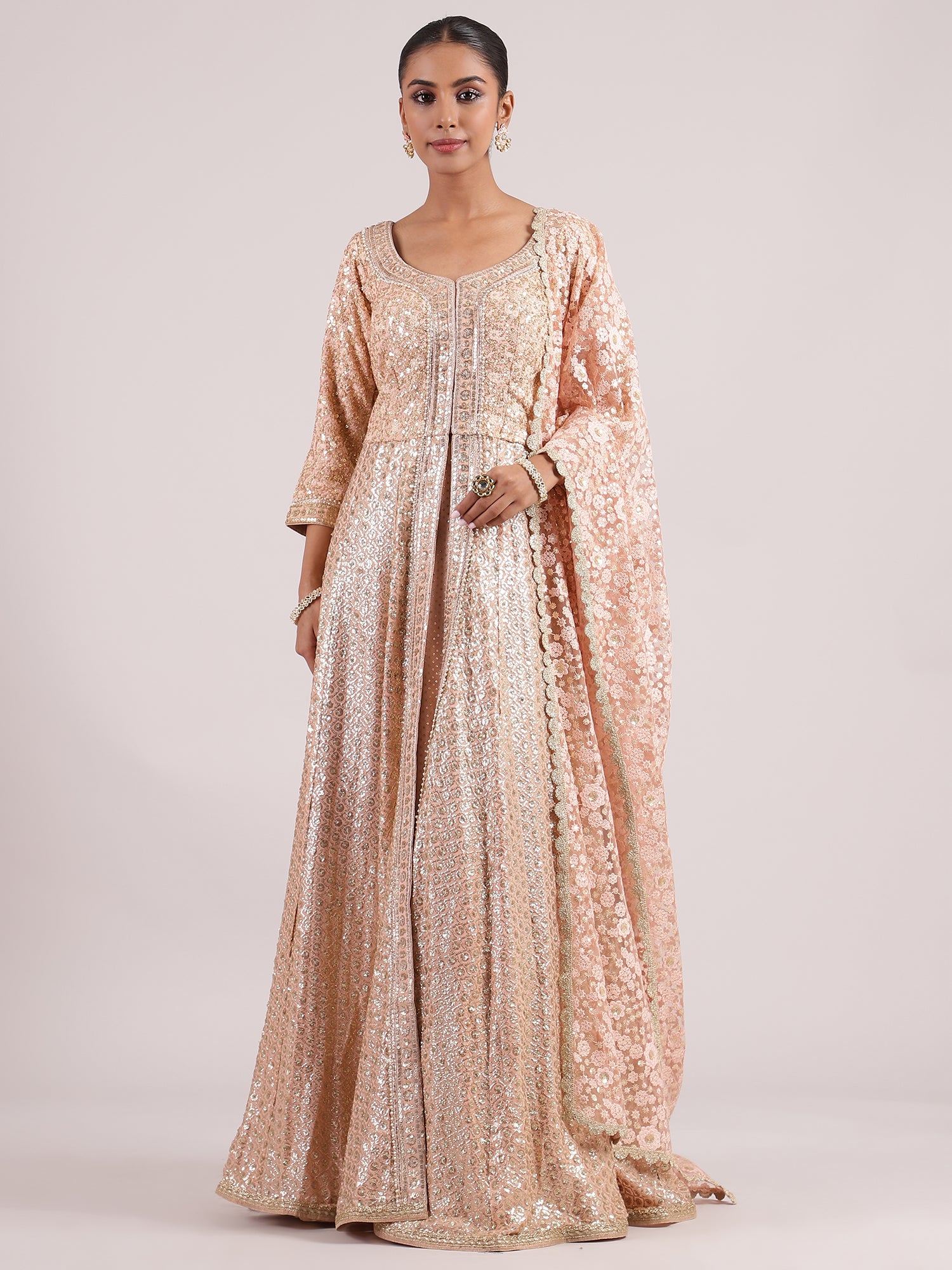 Exquisite Rose Gold Mastani Lehenga with All-Over Sequin & Embroidery Work