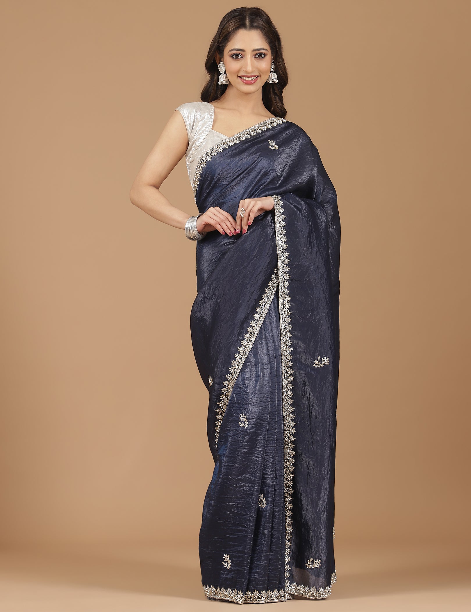 Crushed Silk Saree with Embroidered Border