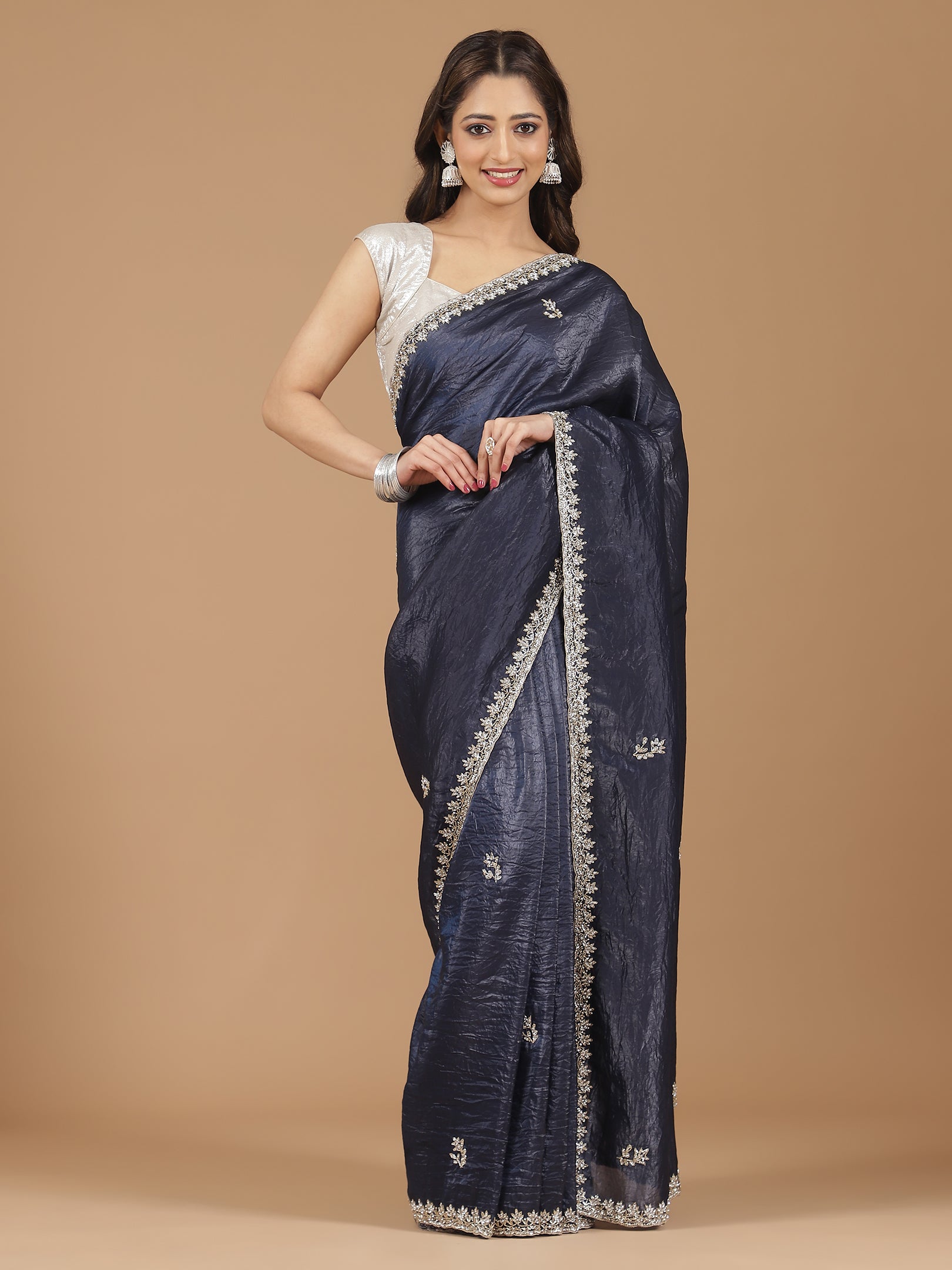 Crushed Silk Saree with Embroidered Border