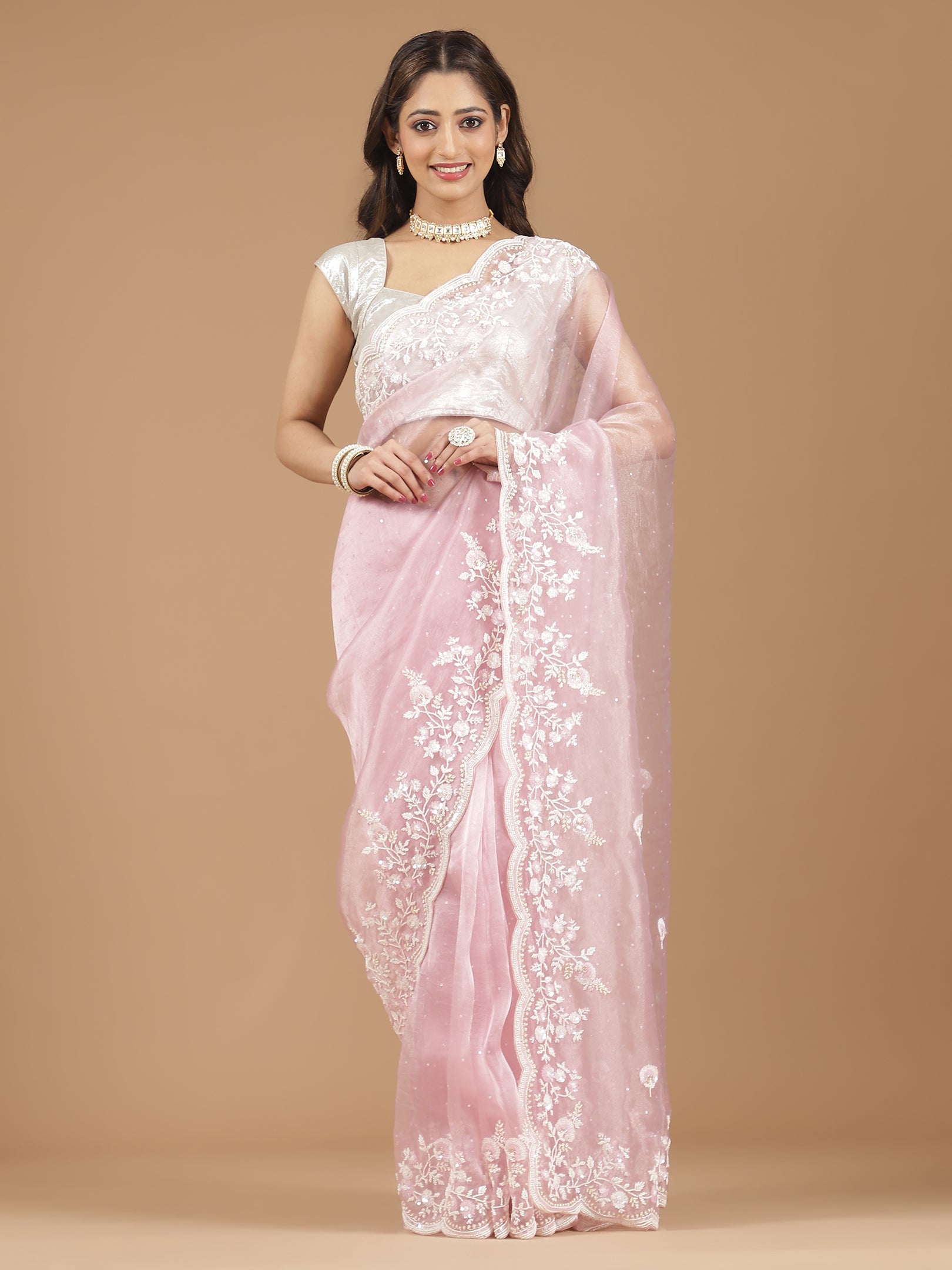 Elegant Blush Pink Embroidered Net Saree with Contrast Blouse