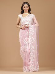 Elegant Blush Pink Embroidered Net Saree with Contrast Blouse