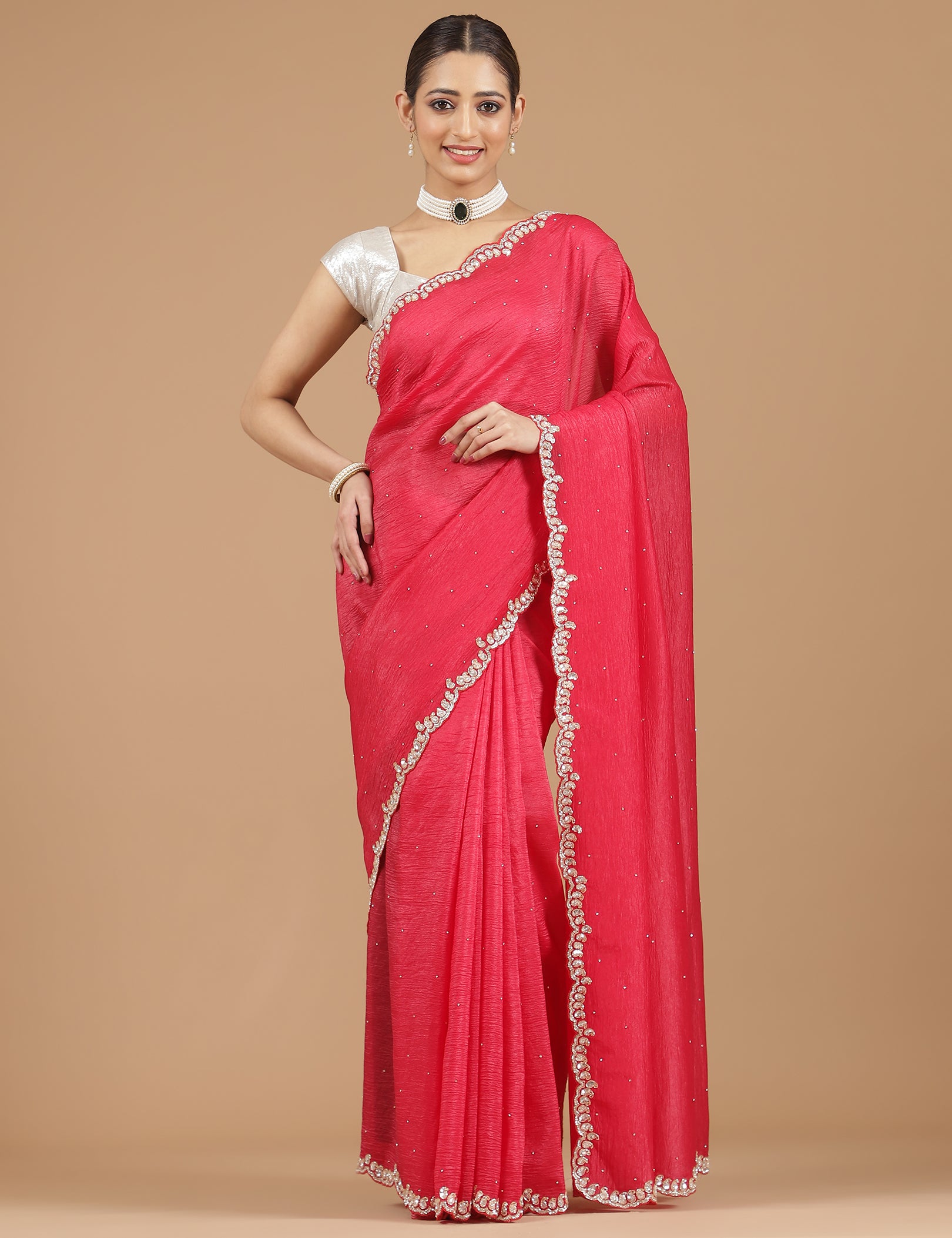 Crushed Silk Saree with Embellished Border