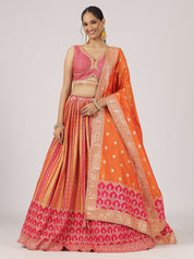 Pink & Orange Bandhani Lehenga Set with Embroidered Blouse & Dupatta