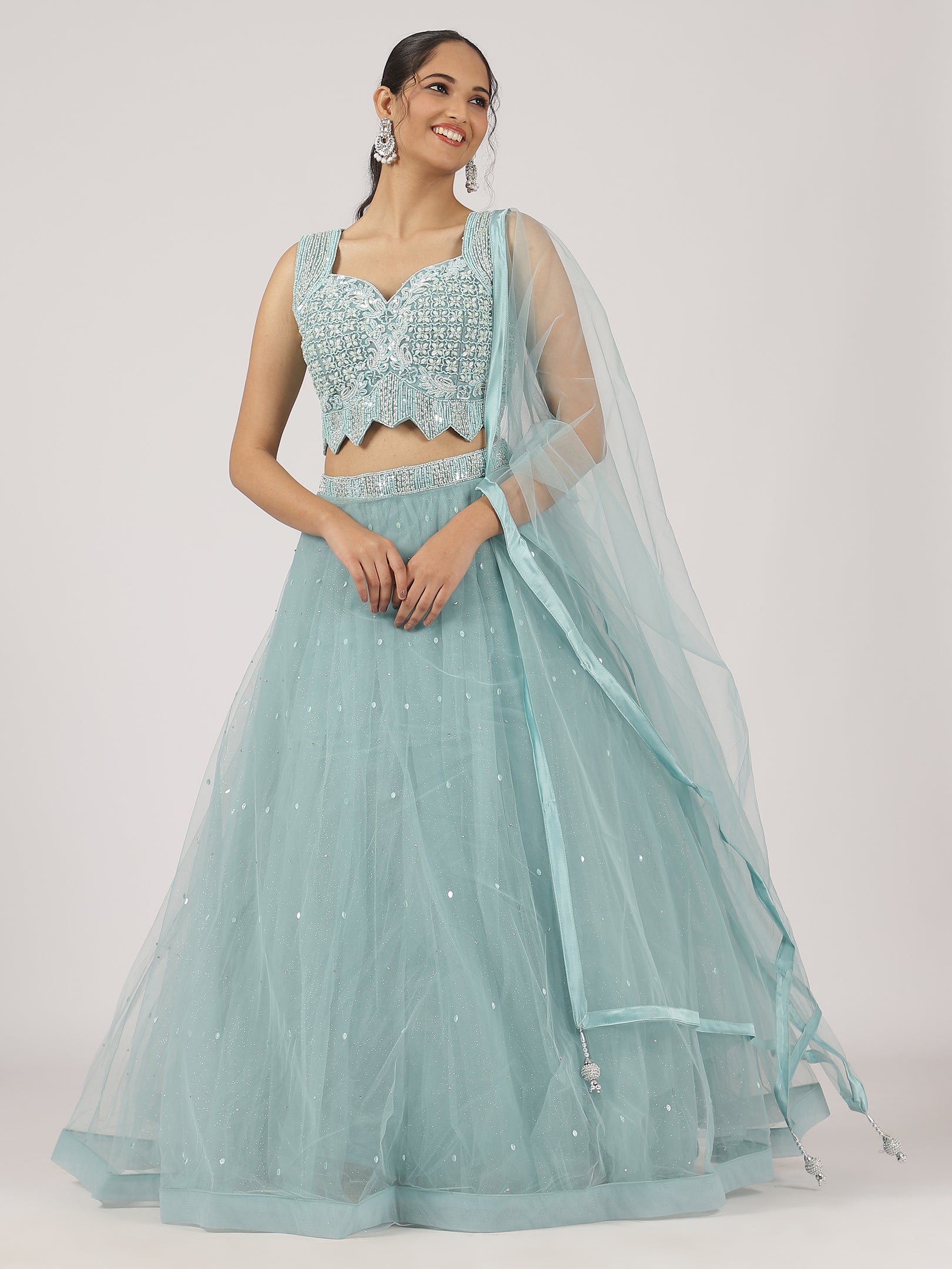 Aqua Blue Net Lehenga with Sequin Embroidery & Designer Blouse