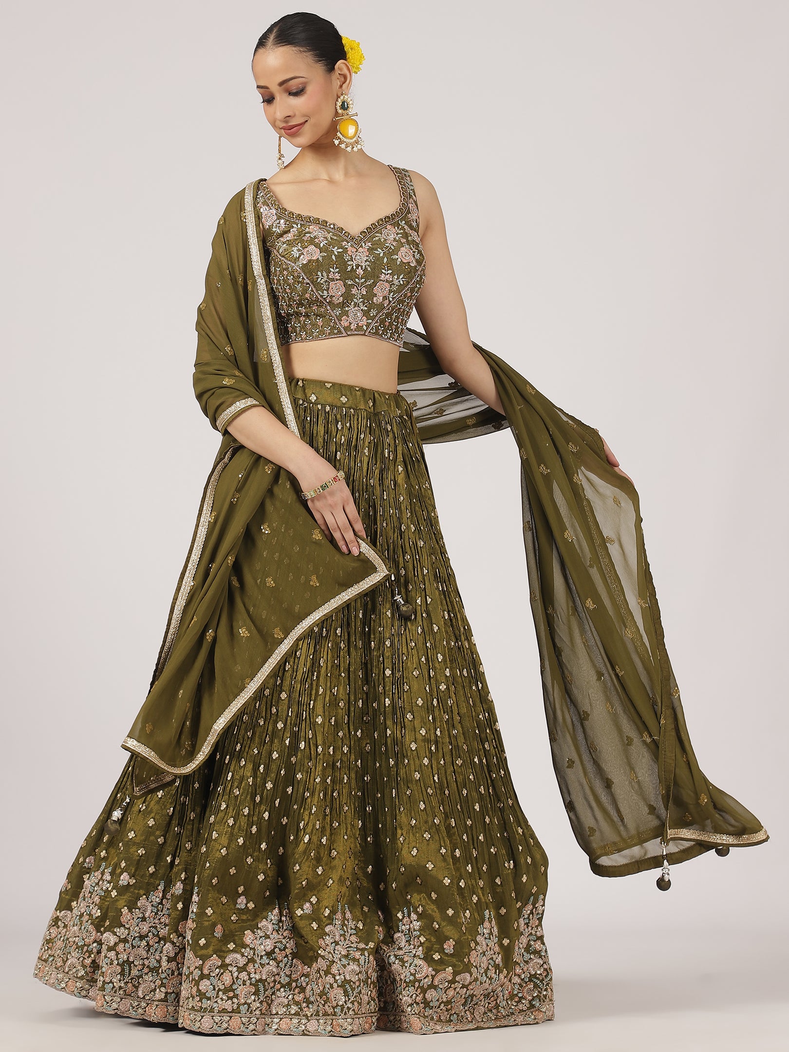 Elegant Olive Green Silk Lehenga with Intricate Embroidery