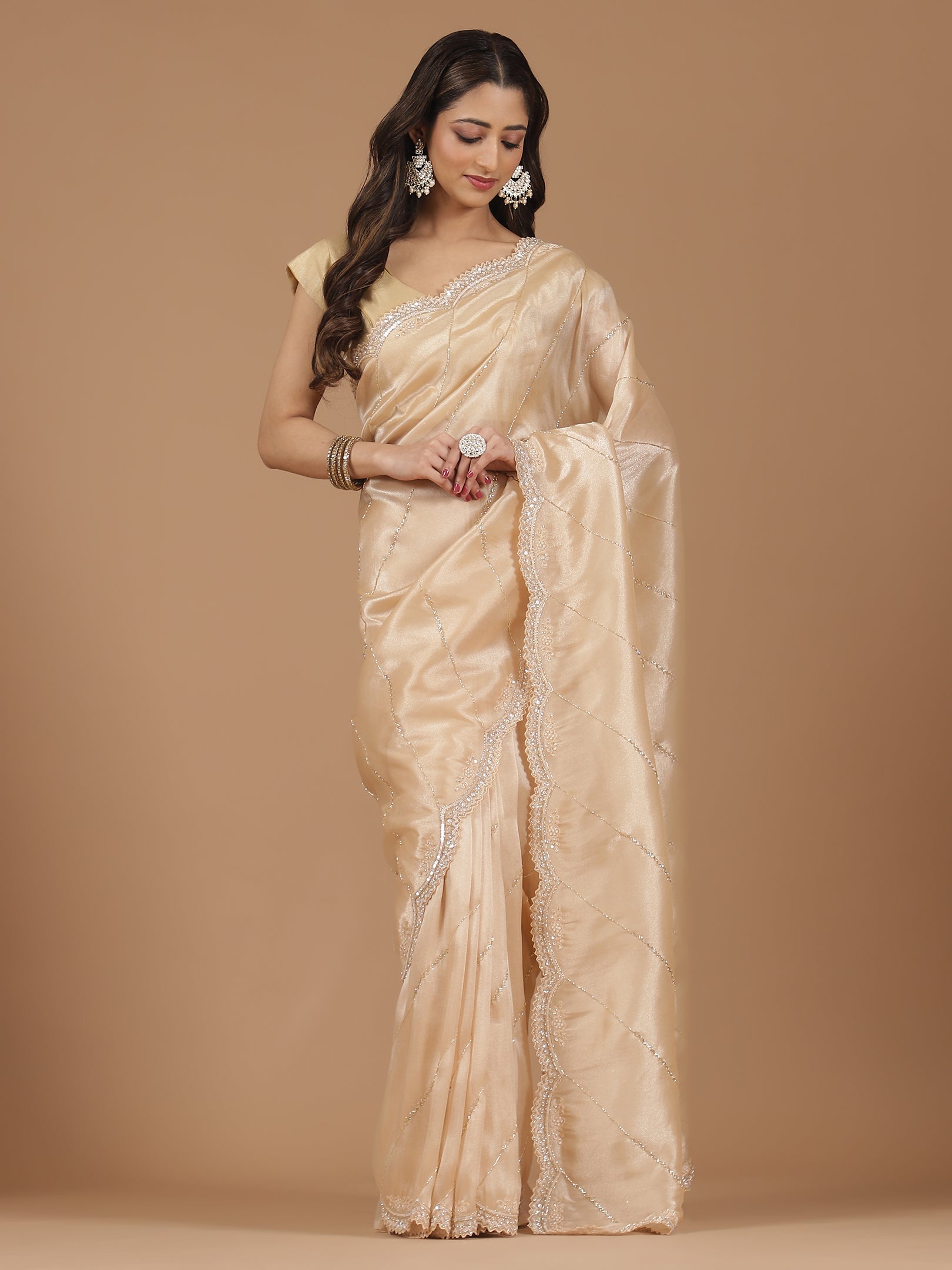 Radiant Cream Organza Saree with Delicate Embellishments