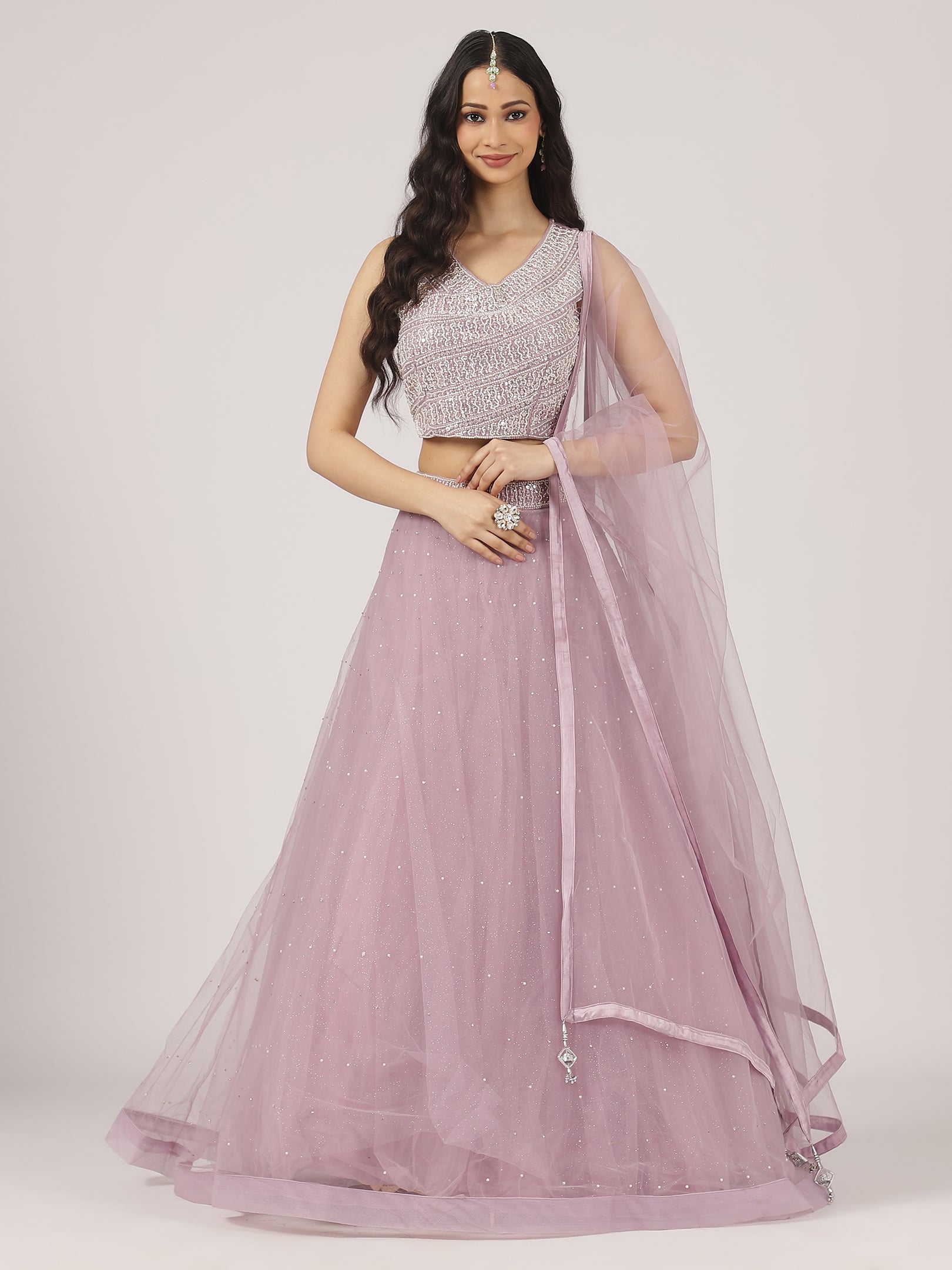 Lilac Net Lehenga with Sequin Embroidery & Designer Blouse