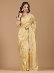 Luxe Golden Satin Silk Saree with Exquisite Embellishments