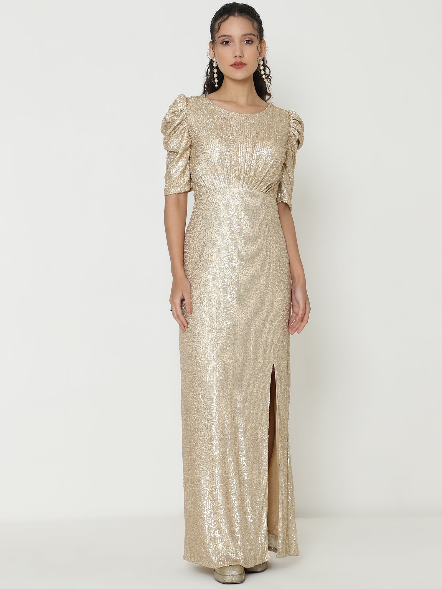 Stunning Gold Gown with Intricate Knitted Sequin Work