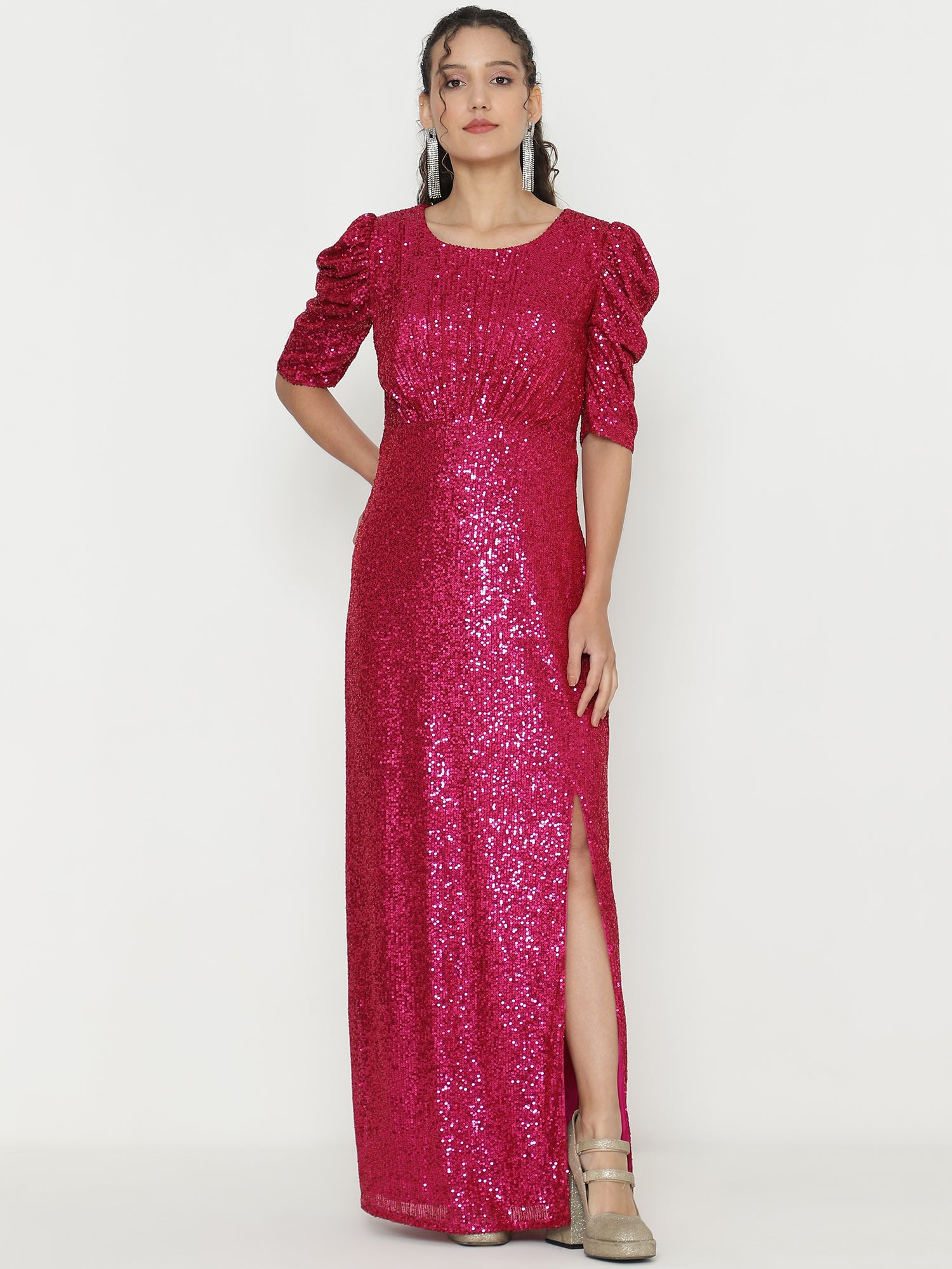 Elegant Magenta Gowns  with Knitted Sequin Work