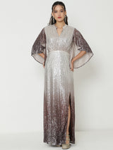 Elegant Silver & Brown Gown with Knitted Sequin Detailing