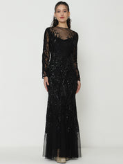 Elegant Black Full Sleeve Gowns  with Knitted Sequin Work