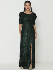 Chic Olive Green Gowns  with Knitted Sequin Work