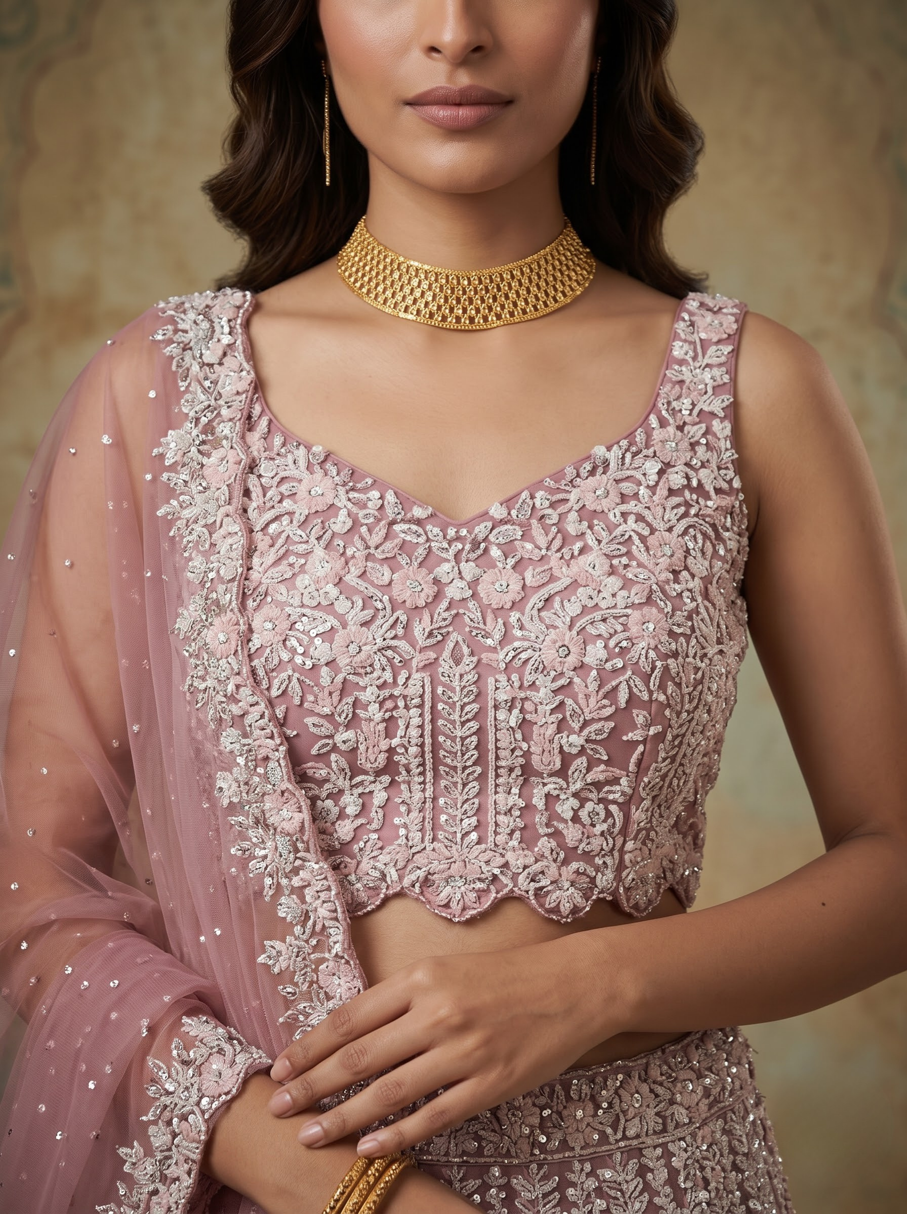 Dusty Pink Net Lehenga Choli with Sequin Floral Embroidery