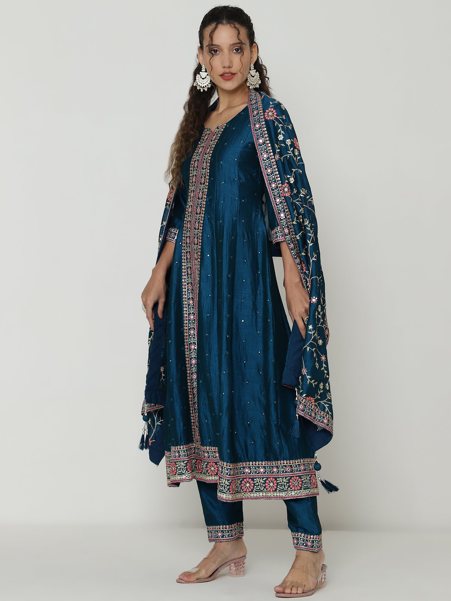 Elegant Blue Salwar Suit with Floral Embroidered Dupatta & Matching Pants