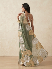 Organza Saree in Sage Green with Metallic Leaf Motif & Scalloped Edge